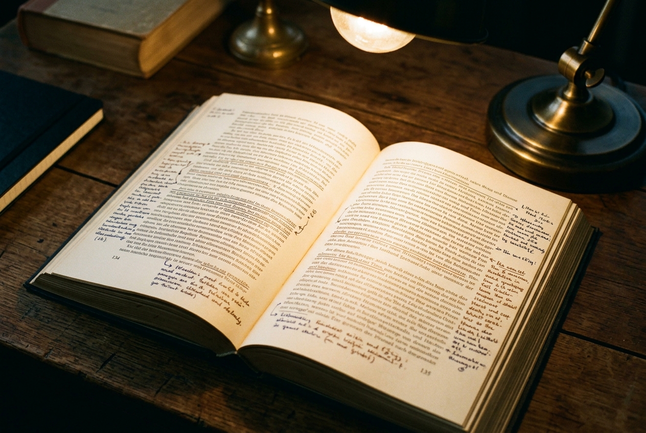 An open annotated copy of Being and Time, pages dense with handwritten margin notes in two different inks, resting on a wooden desk beside a reading lamp