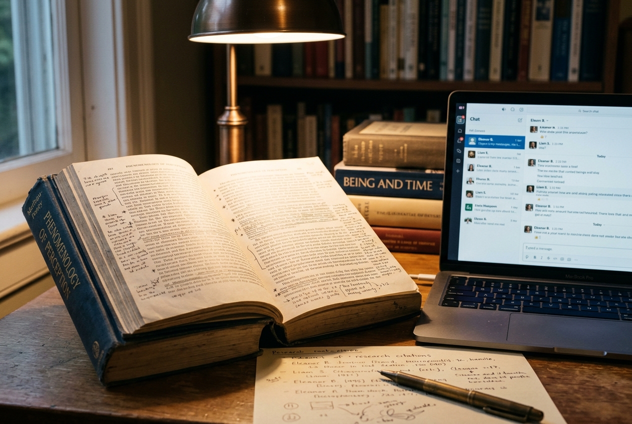 A heavily annotated philosophy book next to a laptop showing a chat interface, contrasting two ways of reading