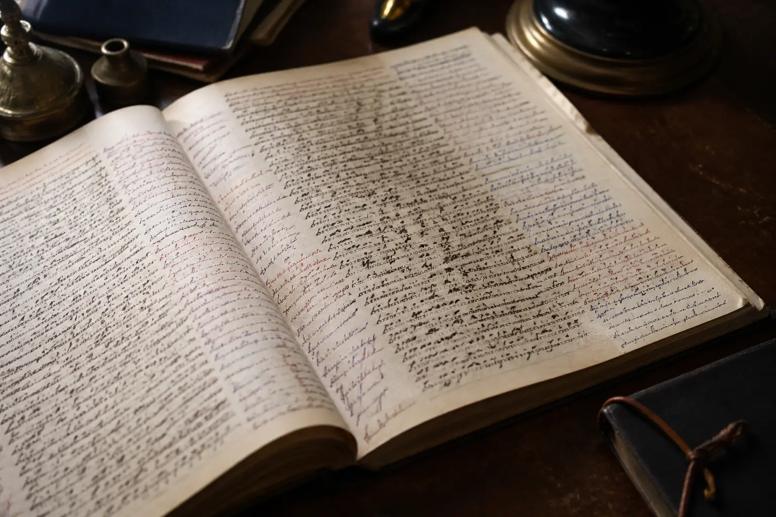 An open manuscript on a wooden desk, margins filled with handwritten annotations in two different inks, one layer of notes written over another, natural window light from the left