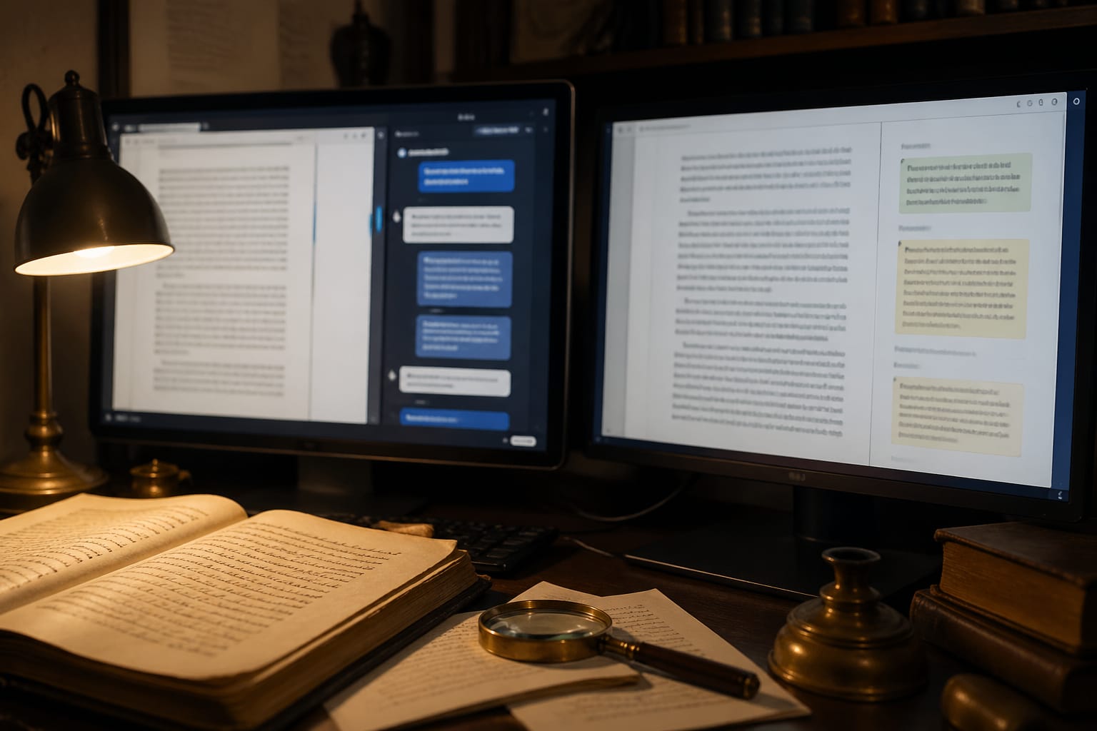 Dual-monitor desk contrasting a ChatPDF-style Q&A sidebar with an inline-margin book reader interface