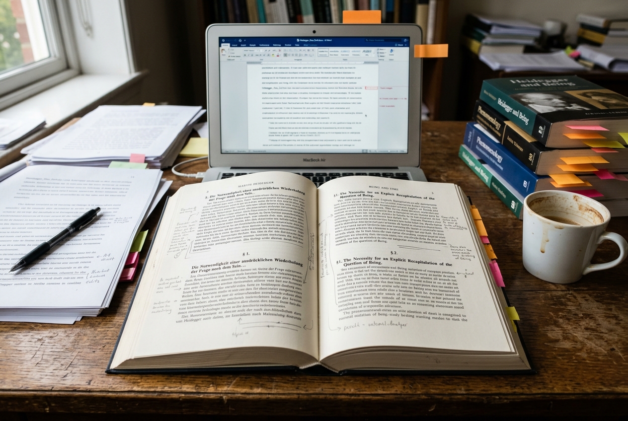 An open German-English facing-page edition of Being and Time on a wooden desk, showing marginal pencil annotations and section numbers in the gutter