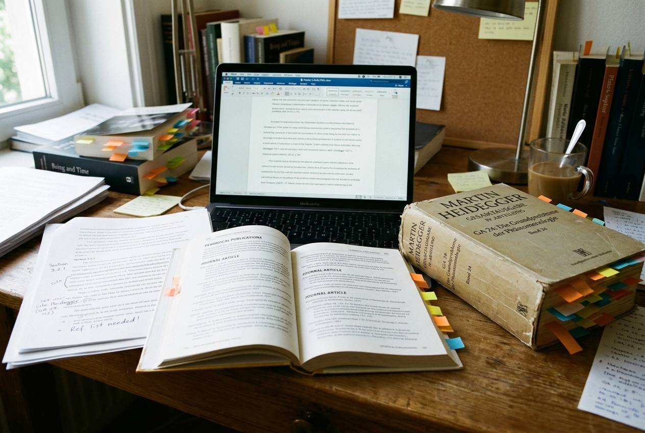 A citation manual open beside the Heidegger Gesamtausgabe reference volume