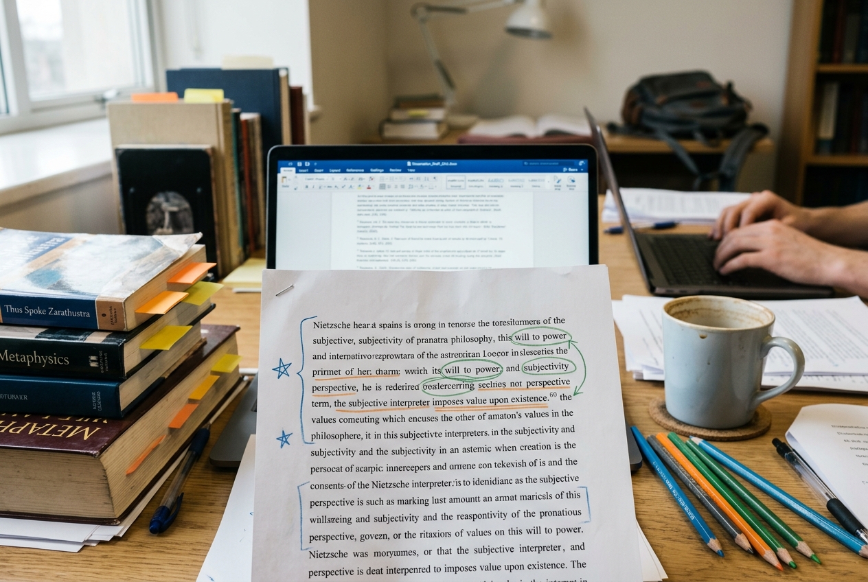 A single printed philosophy paragraph on A4 paper marked up with three different coloured pencils in distinct passes — marginal brackets, underlines, and circles — overlapping to show three reading moves on one passage.