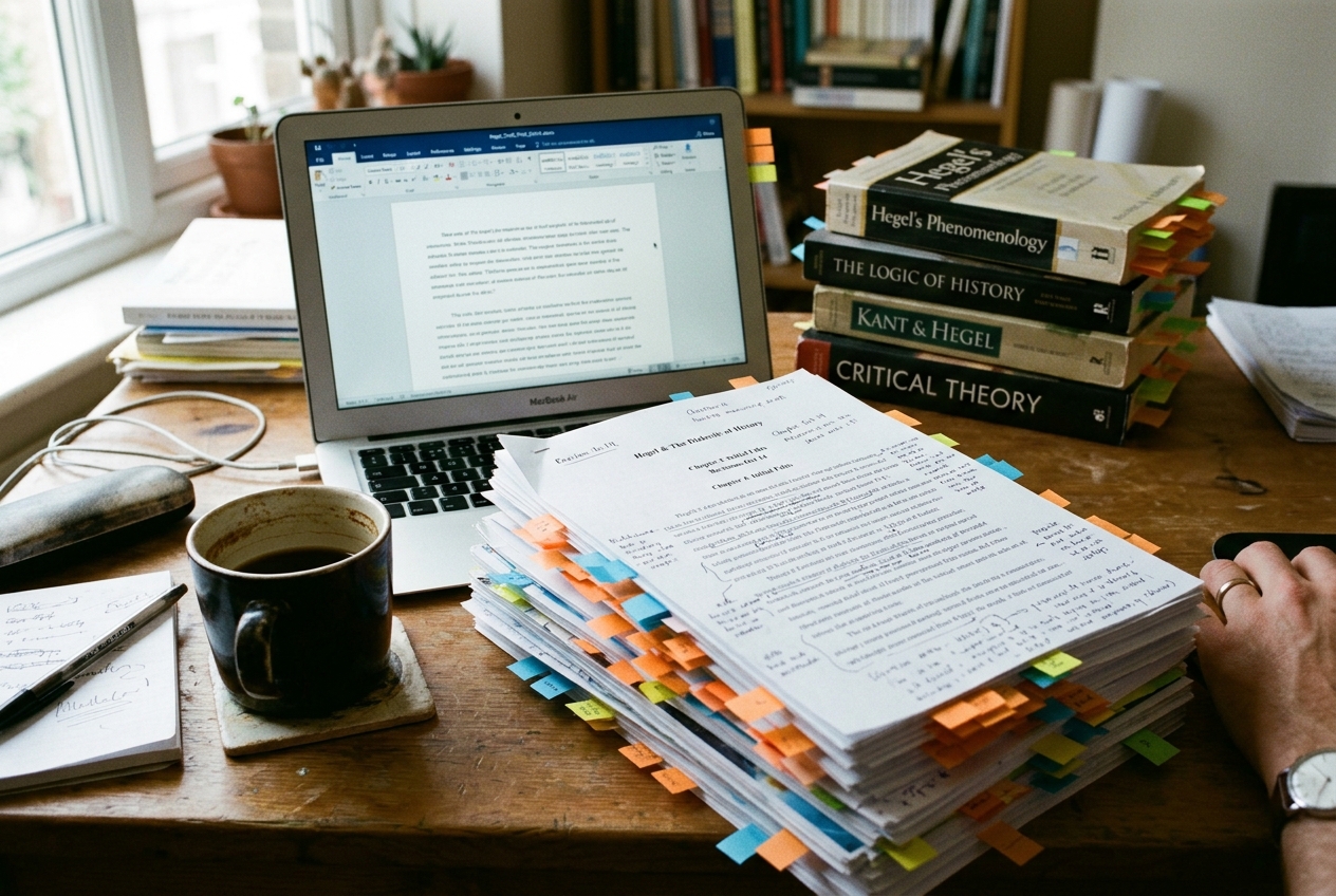 A printed paragraph with dissertation chapter outlines fanning into the margin