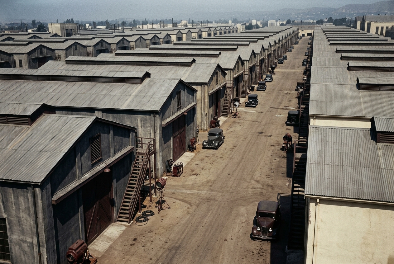 A 1940s Hollywood studio backlot seen from above, rows of identical sound stages stretching to the horizon, no people visible, shot in flat midday light