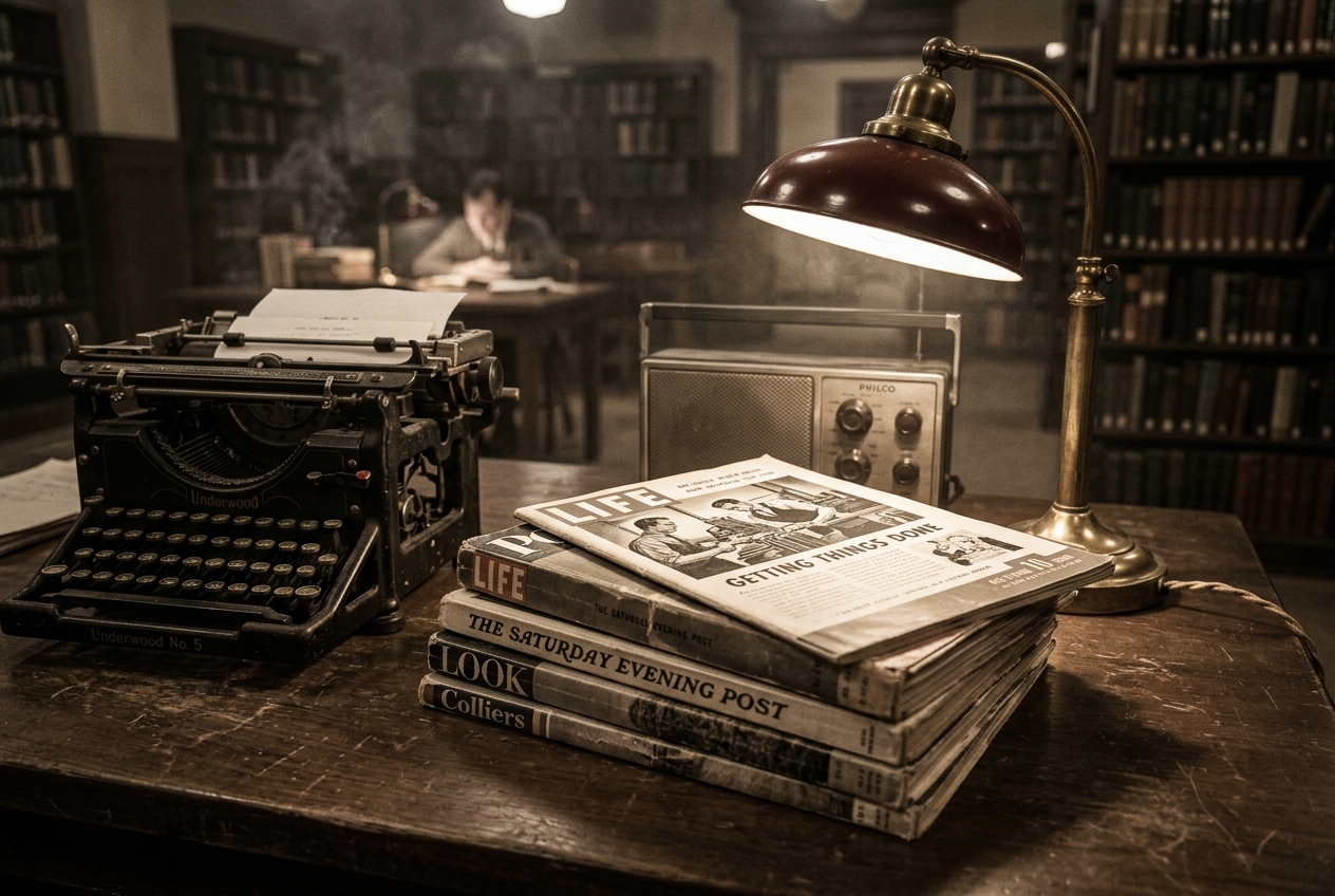 Mid-century American mass magazines stacked under a single desk lamp