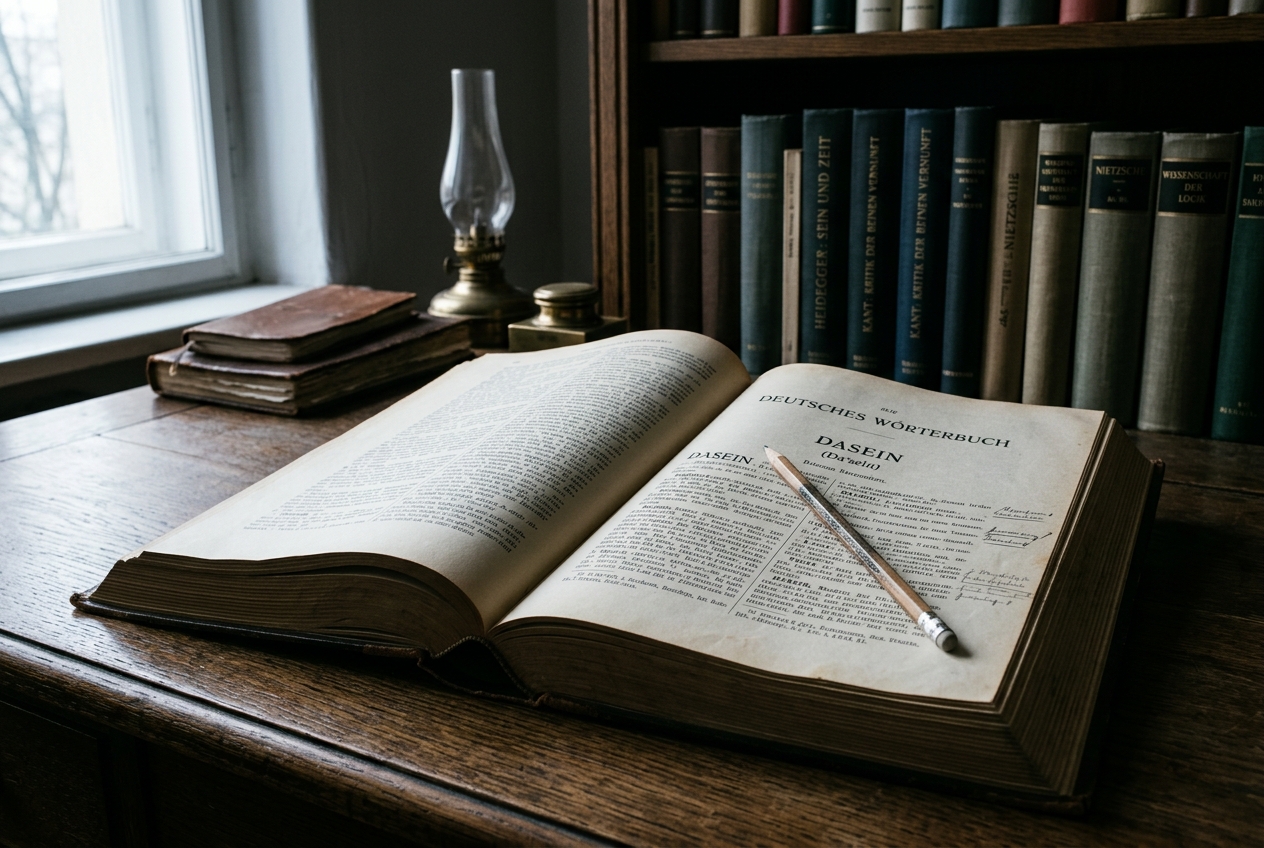 An open German dictionary lying flat on a wooden desk, the entry for "Dasein" visible, with a pencil resting across the page and morning light casting a long shadow from the spine of the book