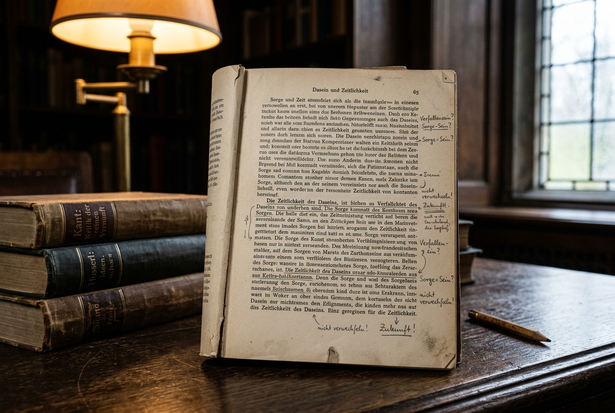 Pencil-annotated page from a German edition of Heidegger's Sein und Zeit on a scholar's desk