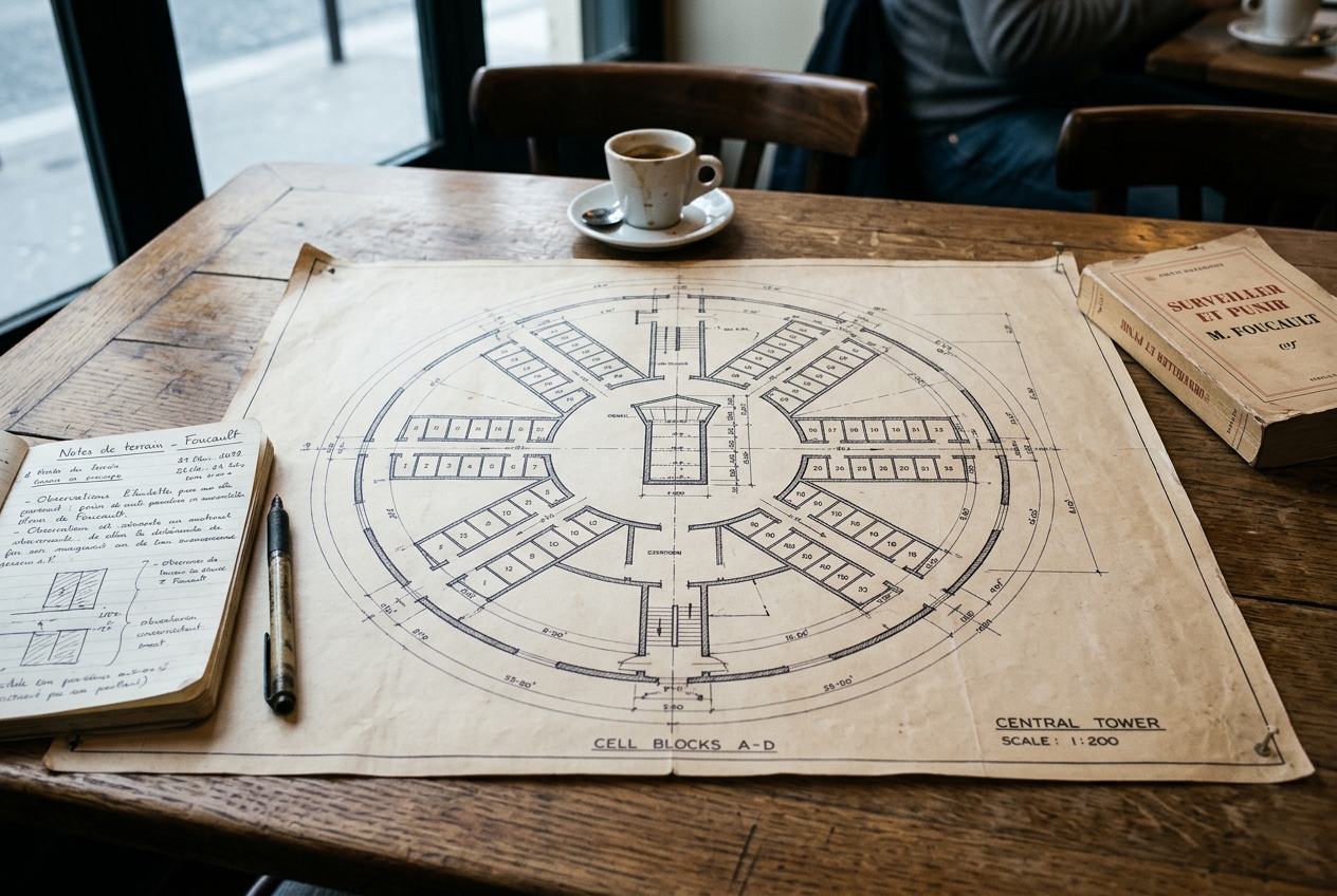 A circular prison floor plan blueprint spread flat on a wooden desk, showing a central observation tower surrounded by radiating cell blocks, drawn in faded ink with architectural measurement lines