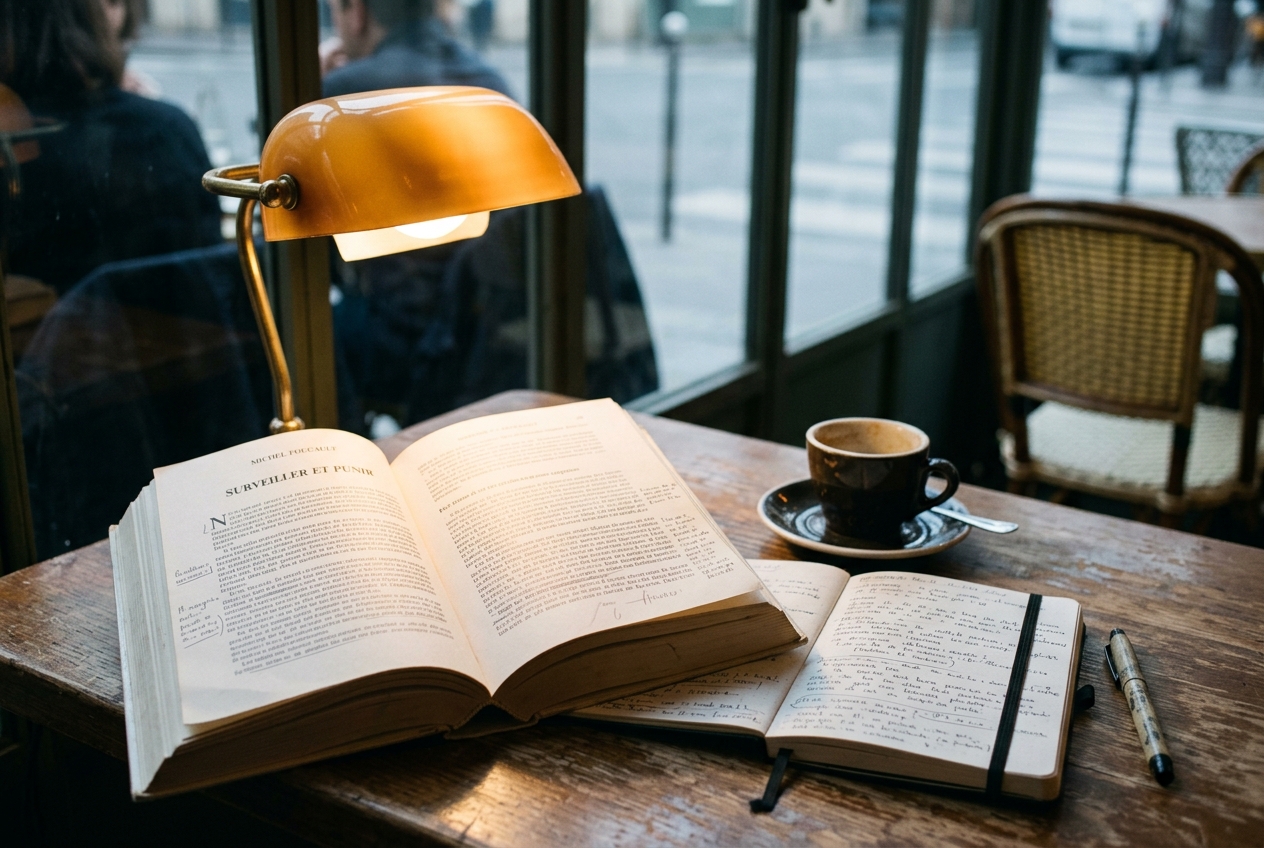 French Gallimard edition of Surveiller et Punir open on a scholar's desk