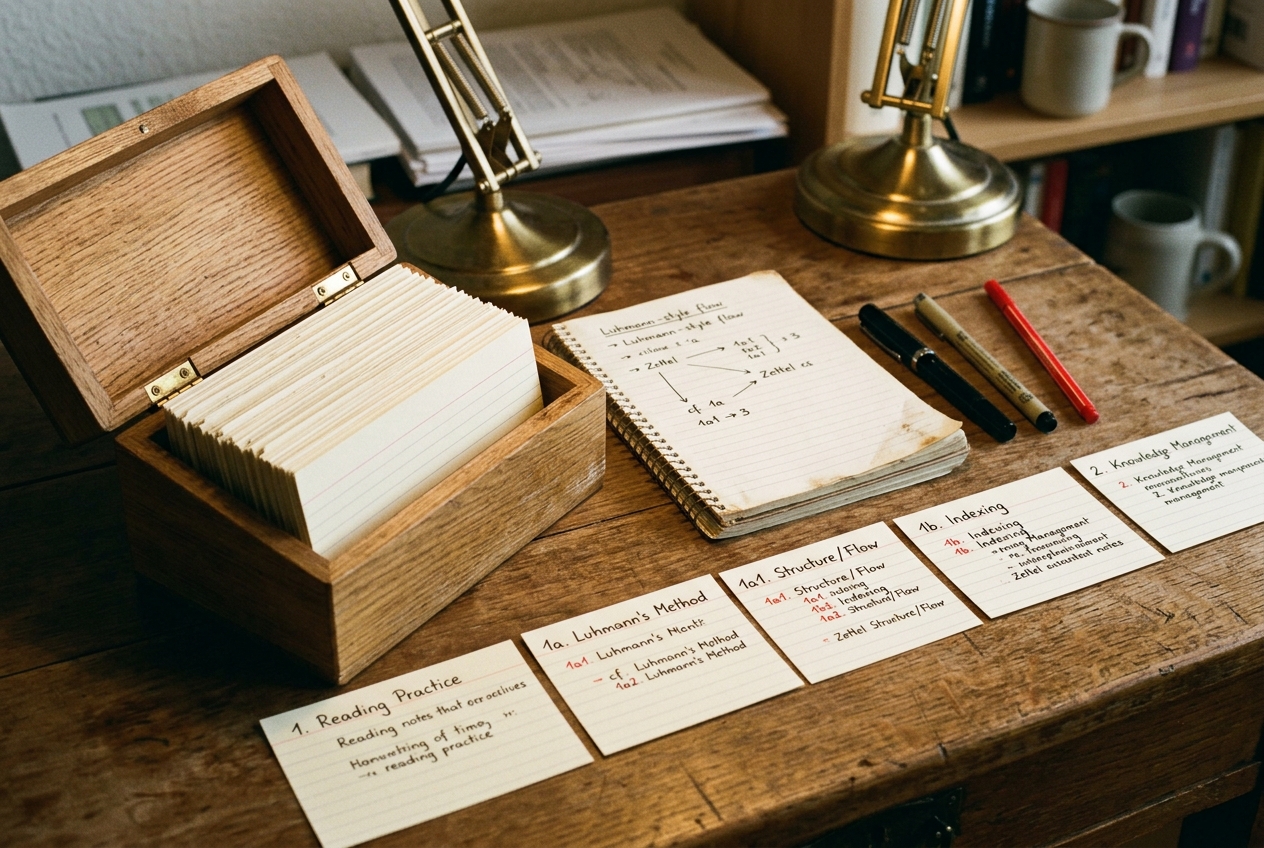 A Zettelkasten-style index-card box open at an angle with a handful of numbered index cards laid out in reading order beside it, under warm desk light.