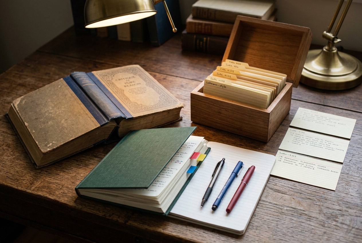 Mortimer Adler's How to Read a Book beside a scholar's ruled notebook with level headings