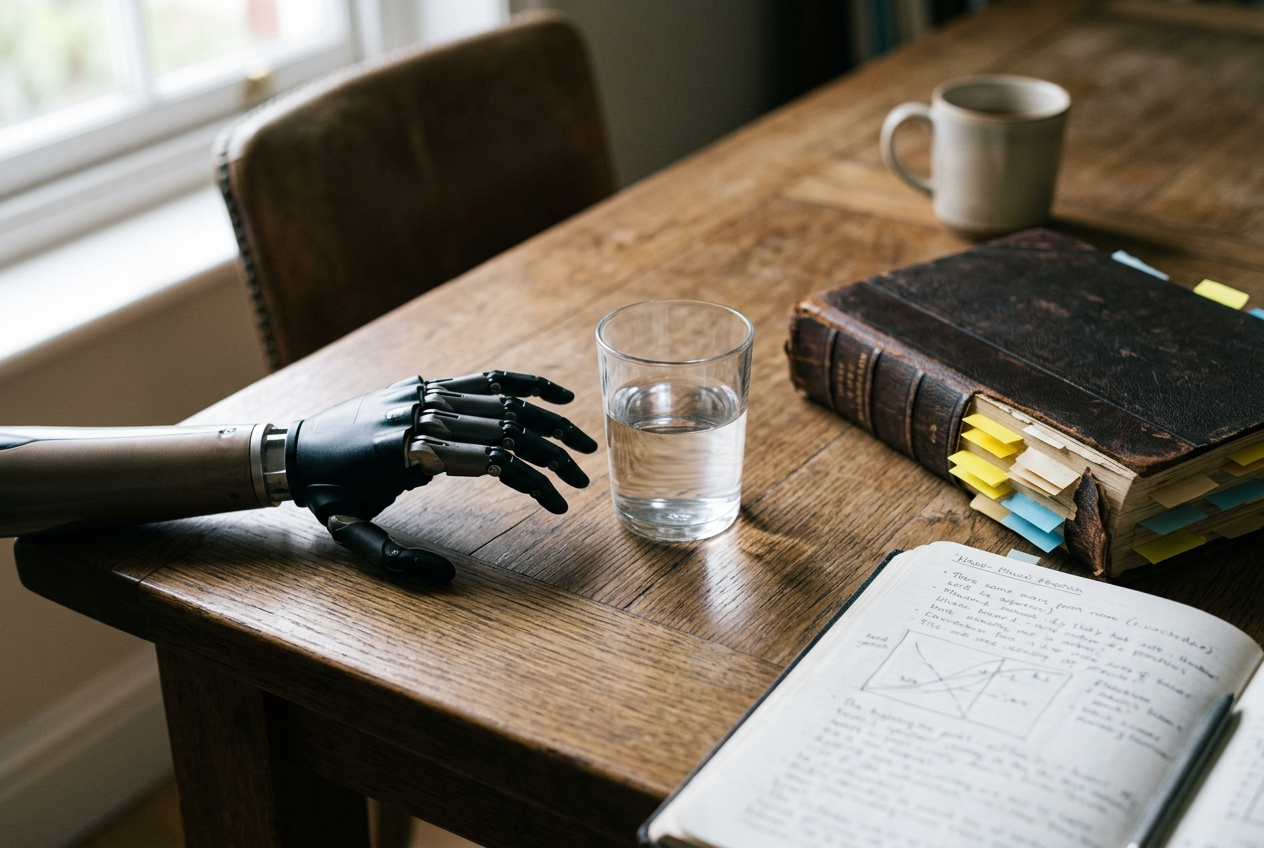 A prosthetic arm resting on a wooden table beside a glass of water, the hand open as if reaching, photographed in natural window light