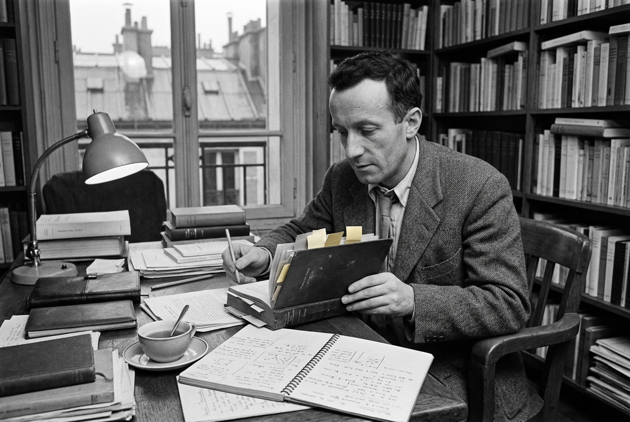 Archival photograph of Merleau-Ponty writing at his Paris desk in the 1940s