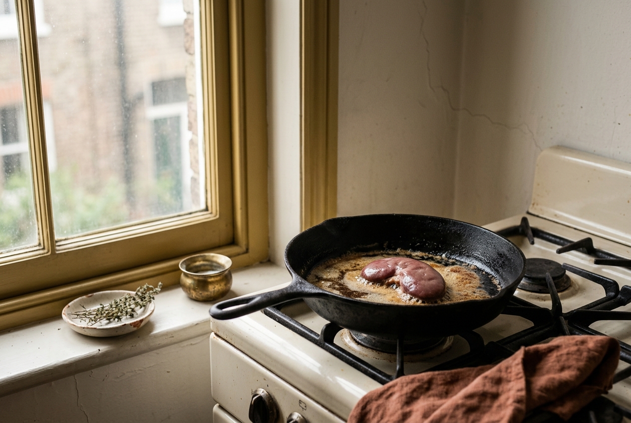 A cast-iron frying pan on a gas burner, a single kidney browning in butter, morning light through a kitchen window, no figures visible