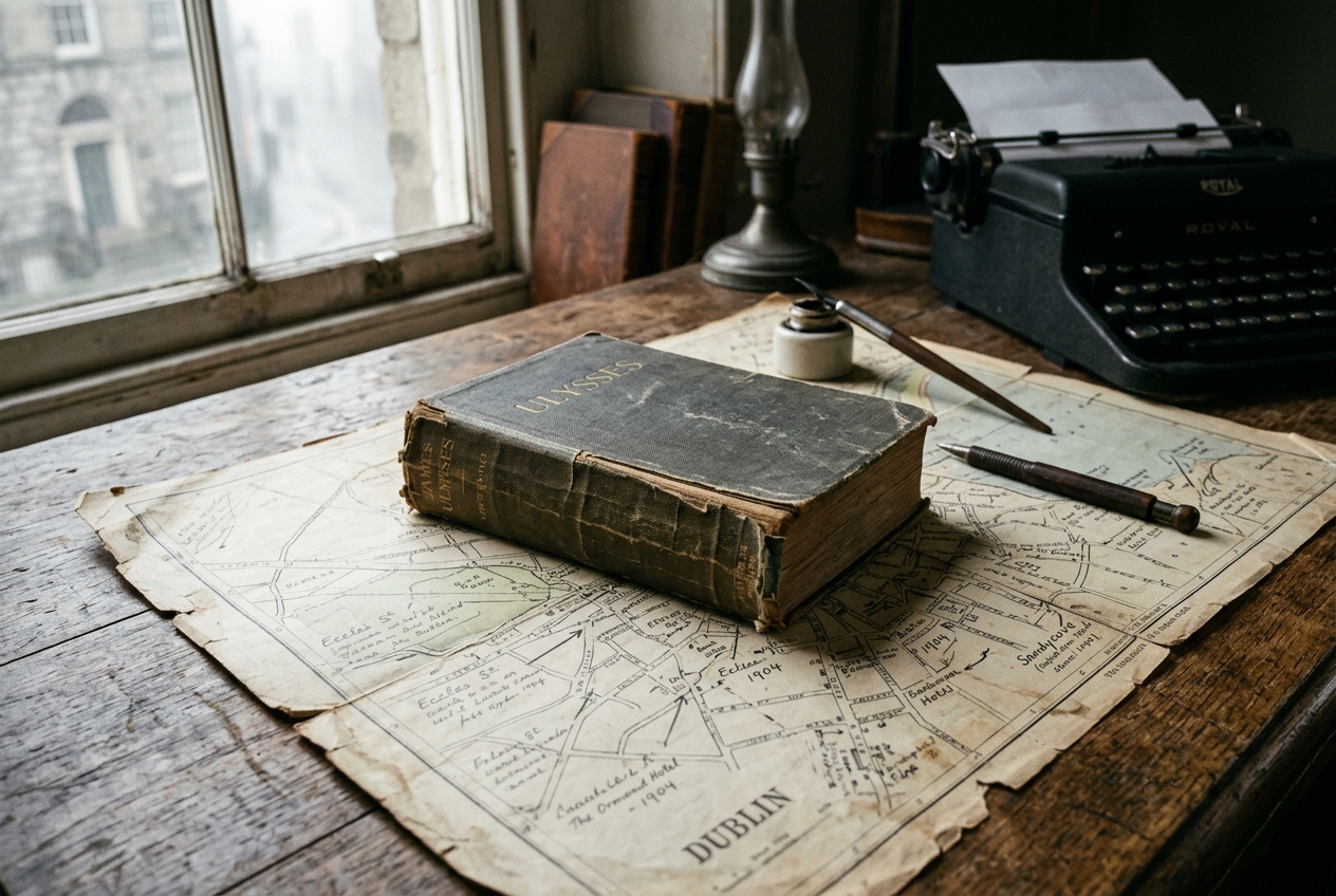 Annotated copy of Ulysses beside a hand-drawn Dublin map, scholarly desk photograph