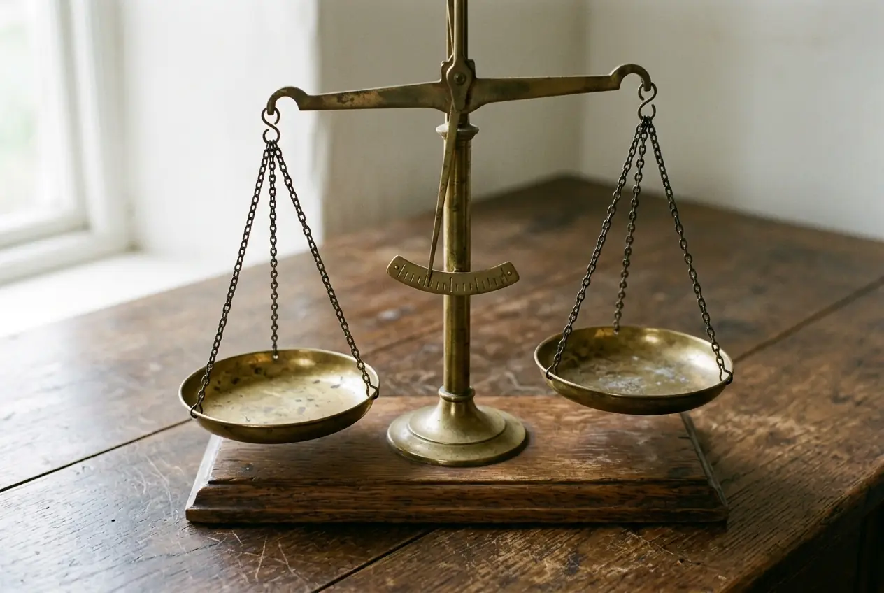 A pair of old brass balance scales on a wooden desk, one pan slightly lower, the needle resting just off center, in soft side-lighting