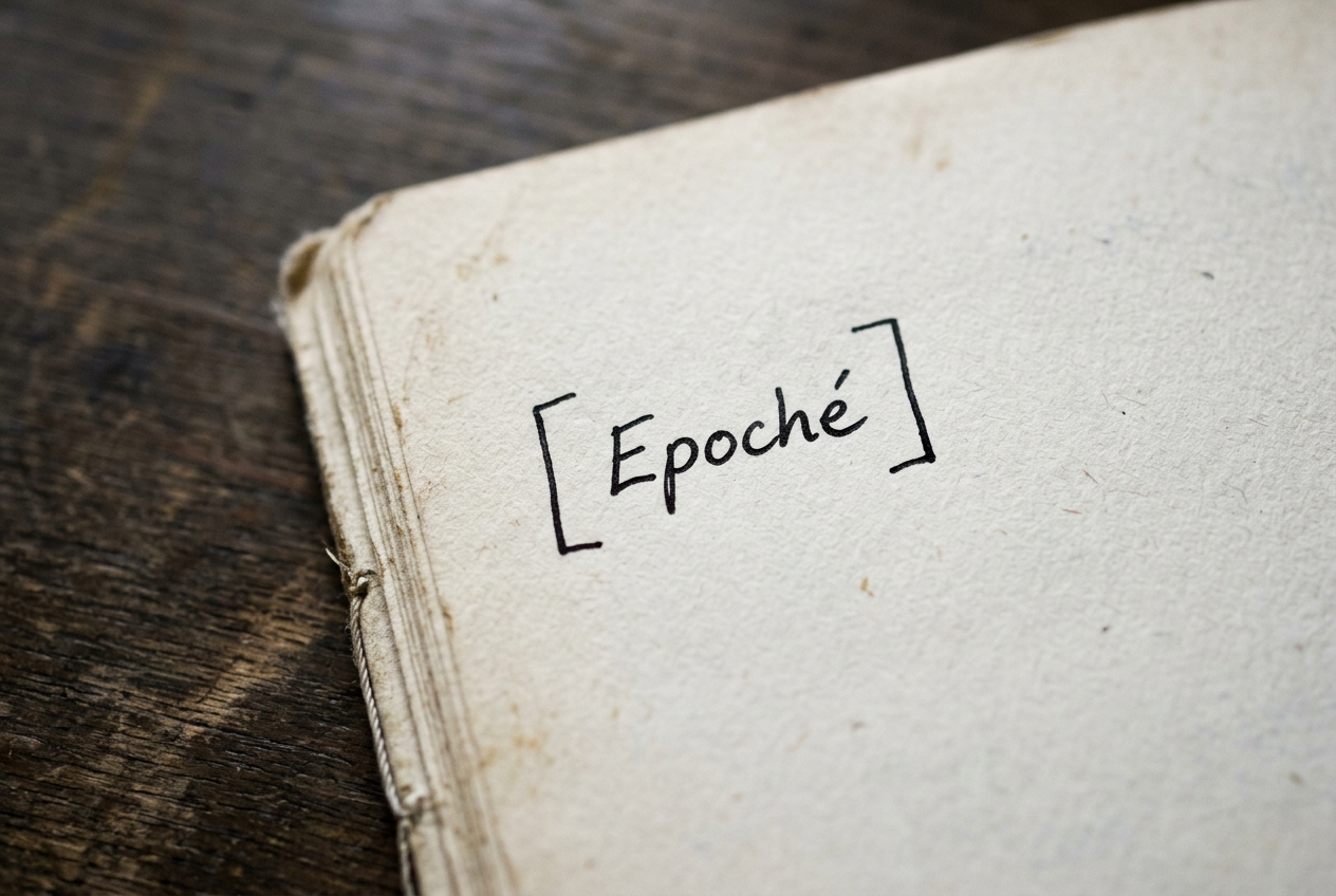 Hand-drawn ink brackets isolating the word Epoché on cream paper