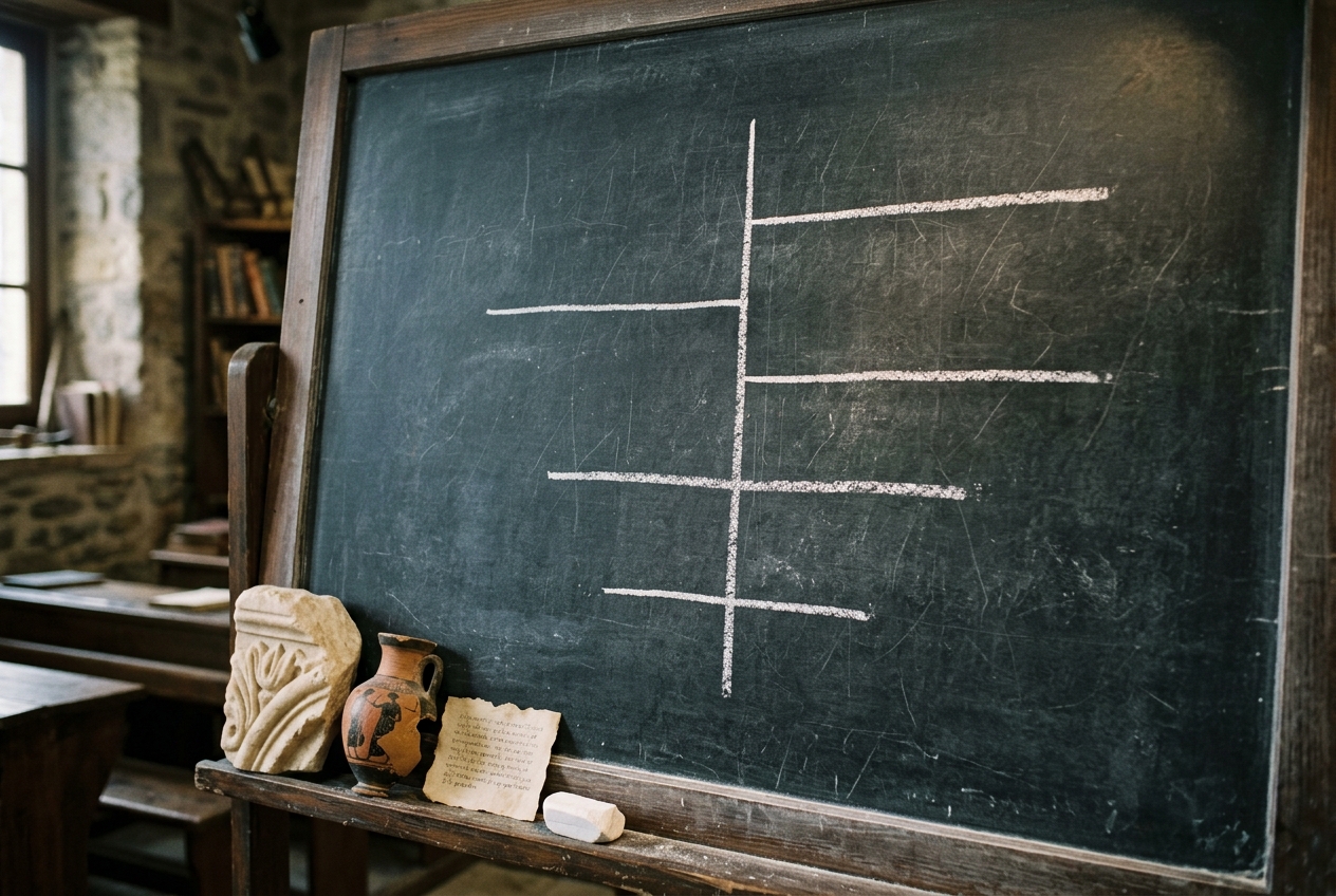 A hand-drawn chalk diagram of the Divided Line on a classroom blackboard, rendered in clean white lines with no letters or labels visible — just four unequal horizontal segments.