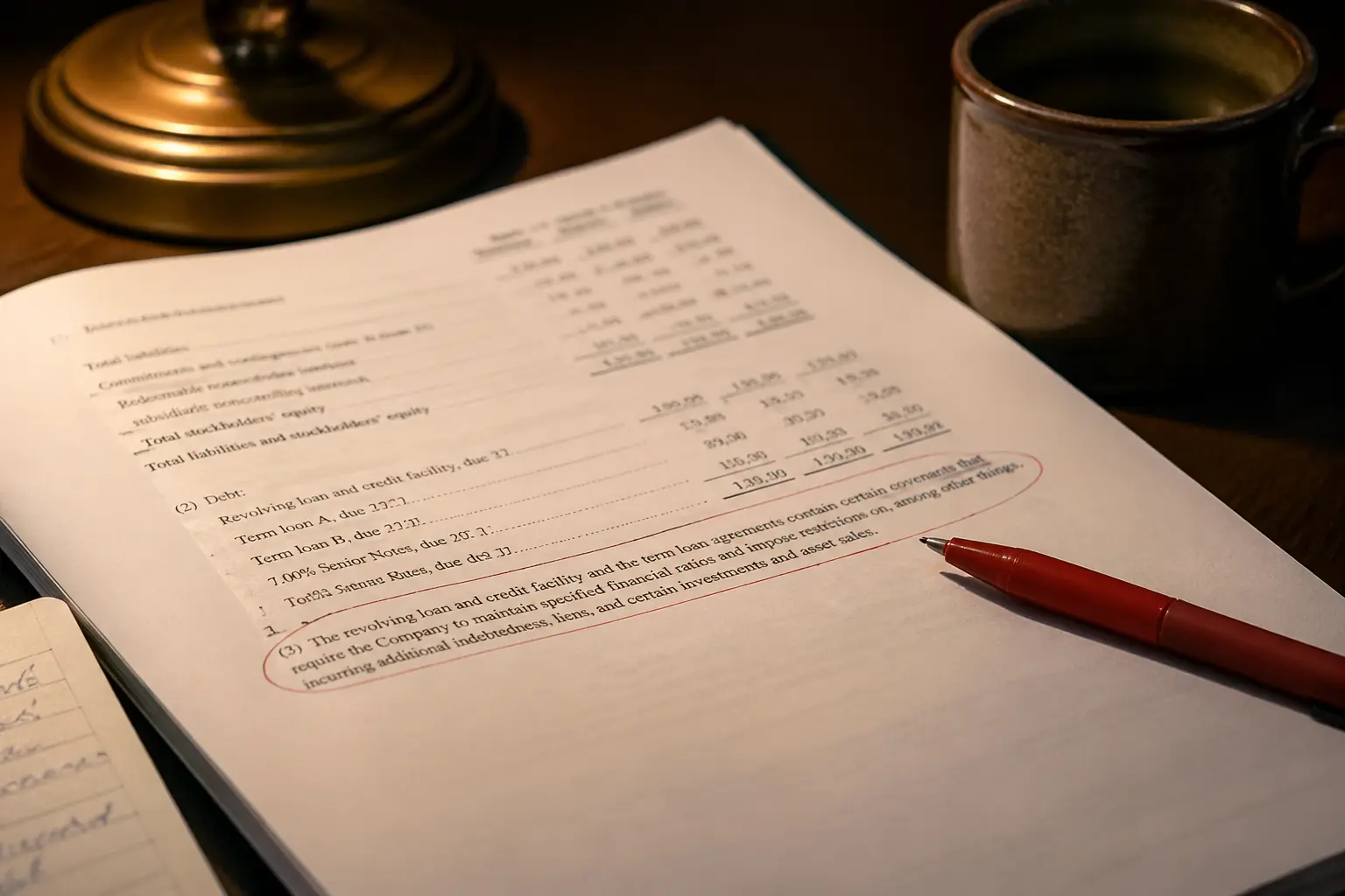 A printed 10-K filing open on a desk with a red pen circling a footnote on debt covenants, coffee mug beside it