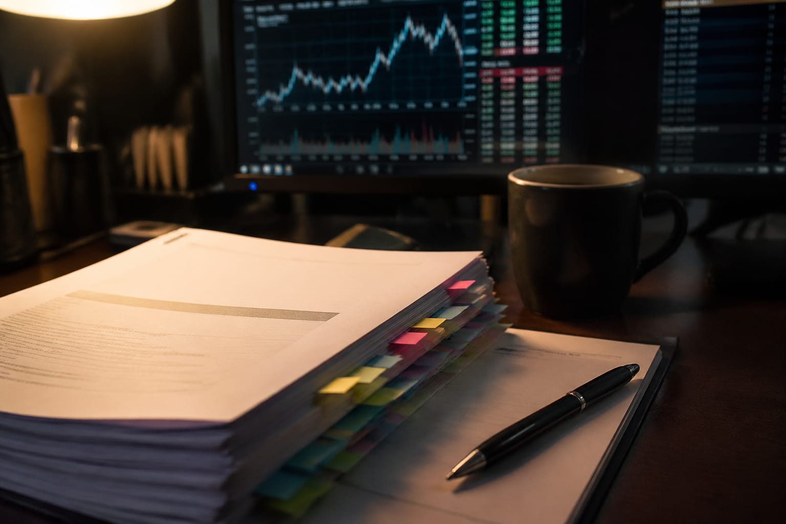 Printed 10-K thick with sticky tabs, pen and coffee on a finance analyst's desk with Bloomberg terminal glow