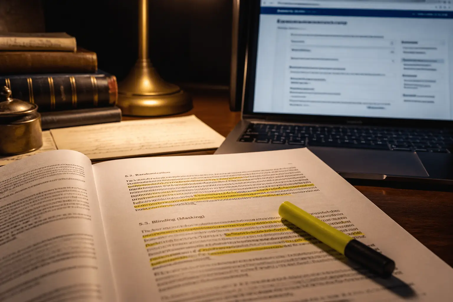A researcher's desk with a printed clinical trial protocol document open to the randomization and blinding section, a highlighter resting across the page, and a laptop showing a ClinicalTrials.gov registration entry in the background