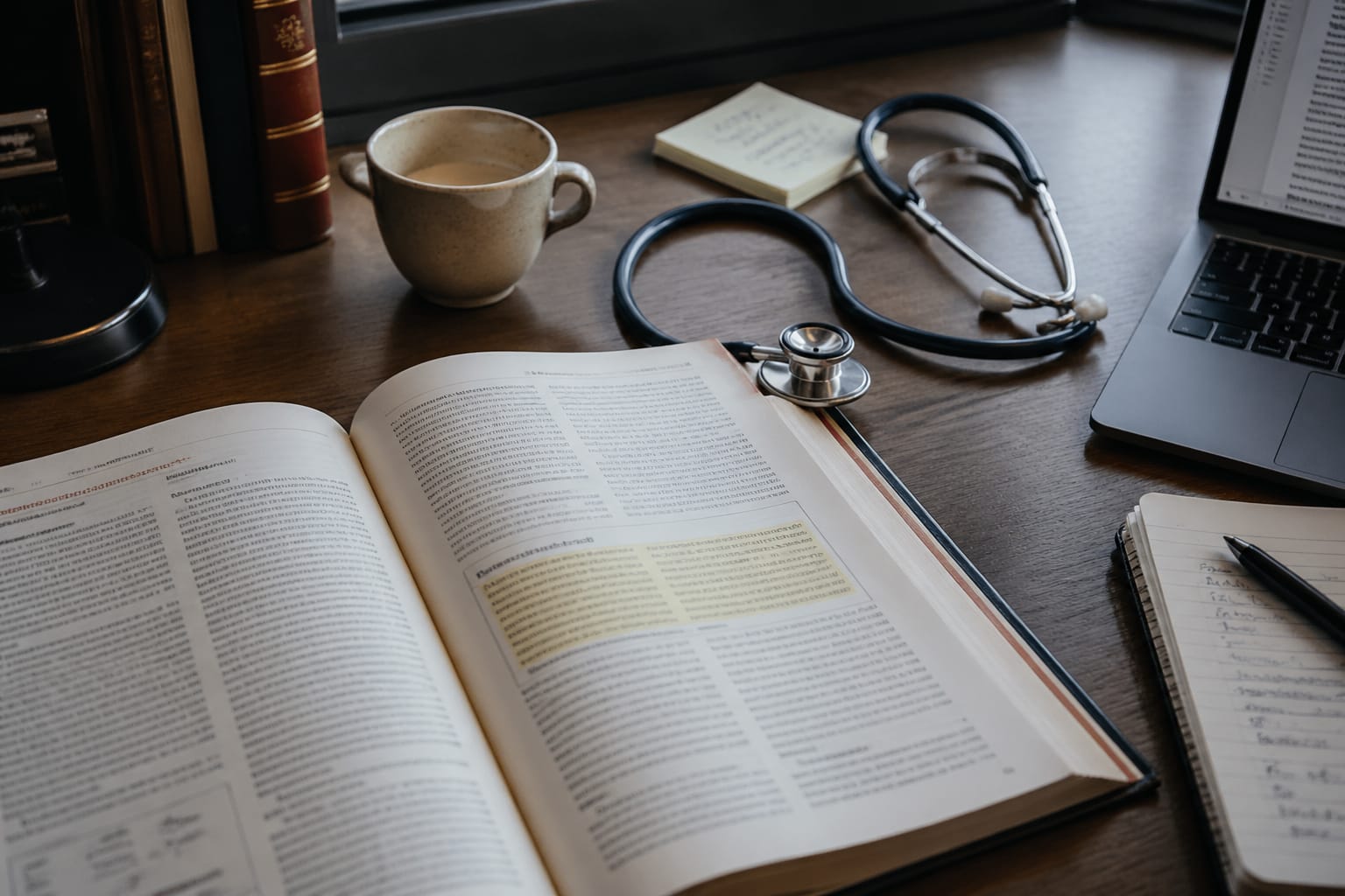 Physician's desk with an open NEJM journal highlighting the primary endpoint paragraph, stethoscope, coffee