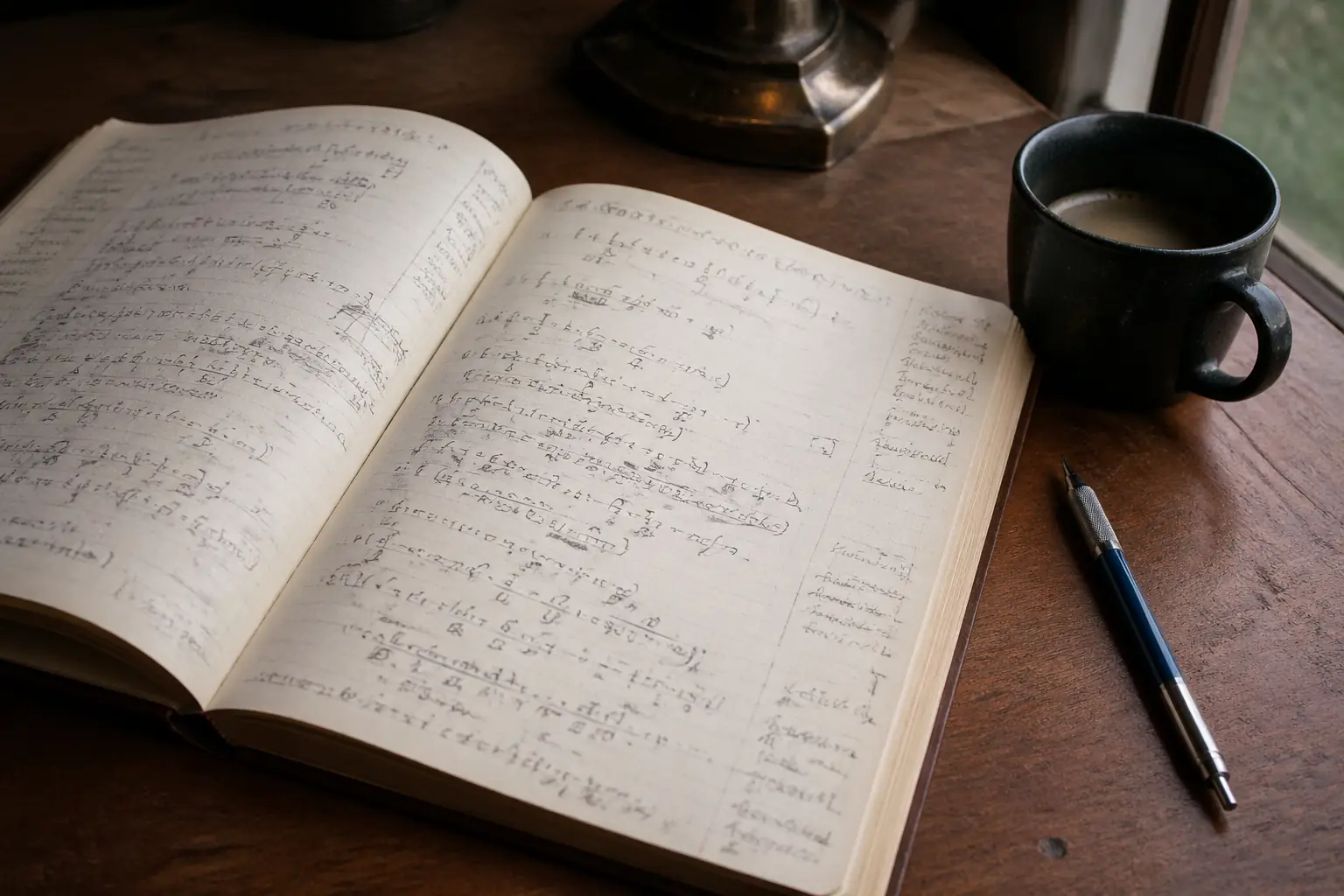 A handwritten page of mathematical notation with margin annotations in pencil, open on a wooden desk beside a mechanical pencil and a cup of coffee, natural window light