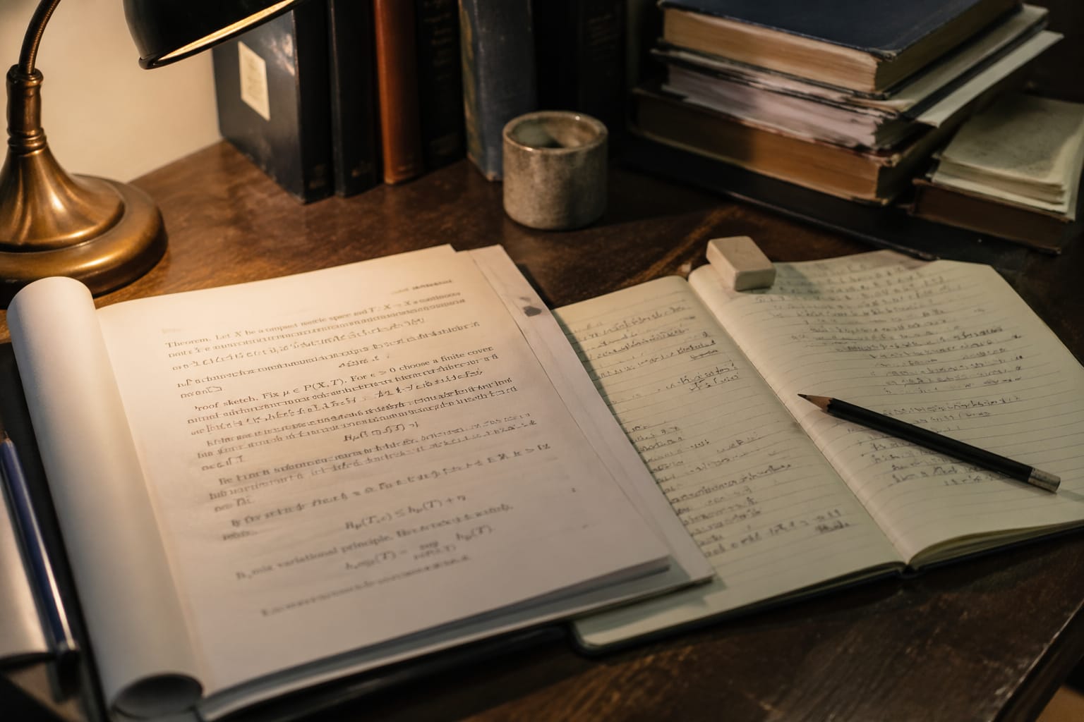 Open math preprint with theorem and proof sketch beside a notebook of hand-derived lemmas, pencil and eraser