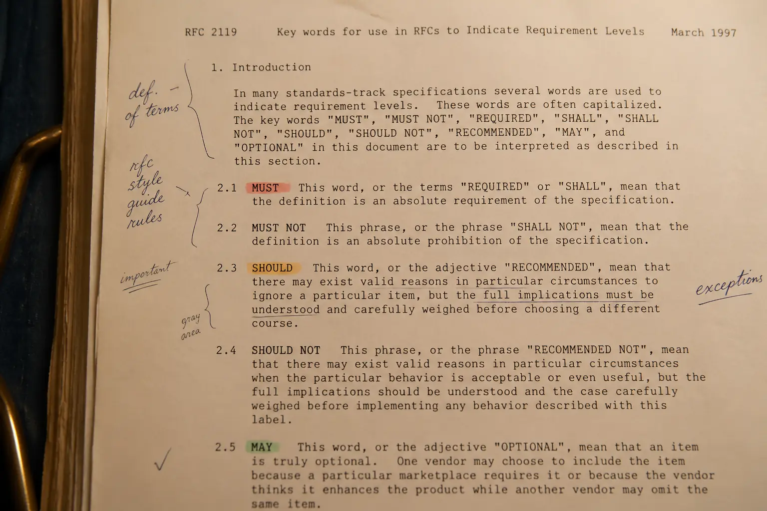 A close-up of a printed RFC page with the words MUST, SHOULD, and MAY highlighted in three different colors of ink, surrounded by handwritten margin annotations on yellowed paper