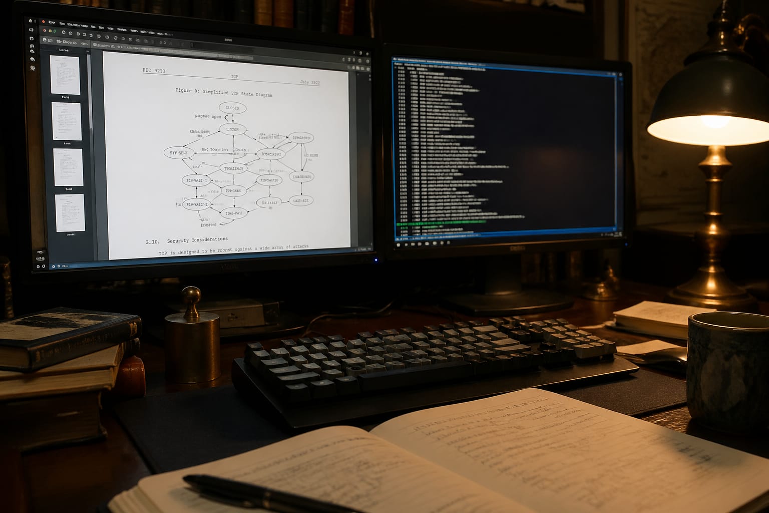 Engineer's dual-monitor setup with IETF RFC PDF on one screen and terminal reference implementation on the other