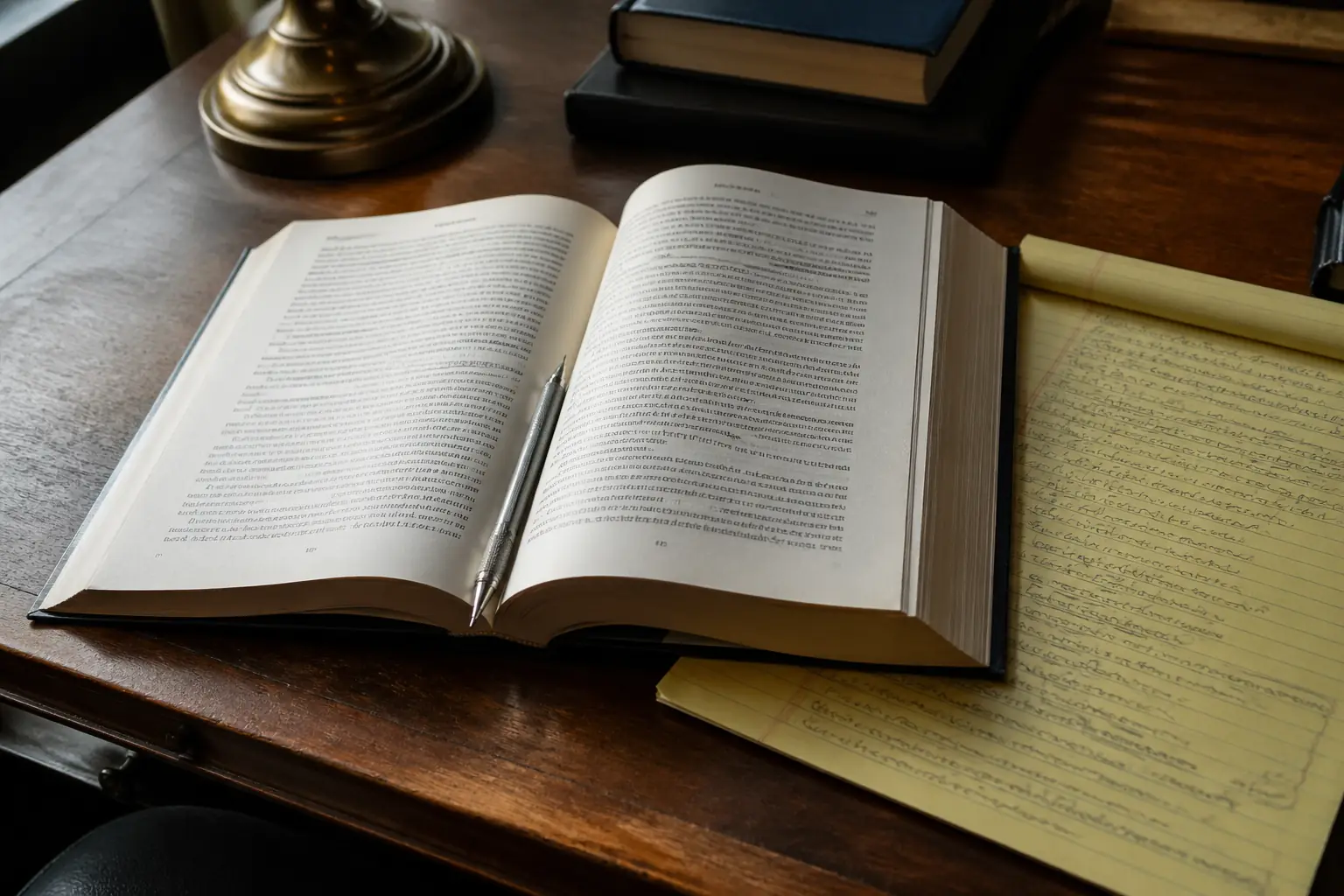 A wooden writing desk with an open legal casebook, a yellow legal pad with handwritten margin notes, and a mechanical pencil resting across the spine of the book, photographed from above in natural window light.