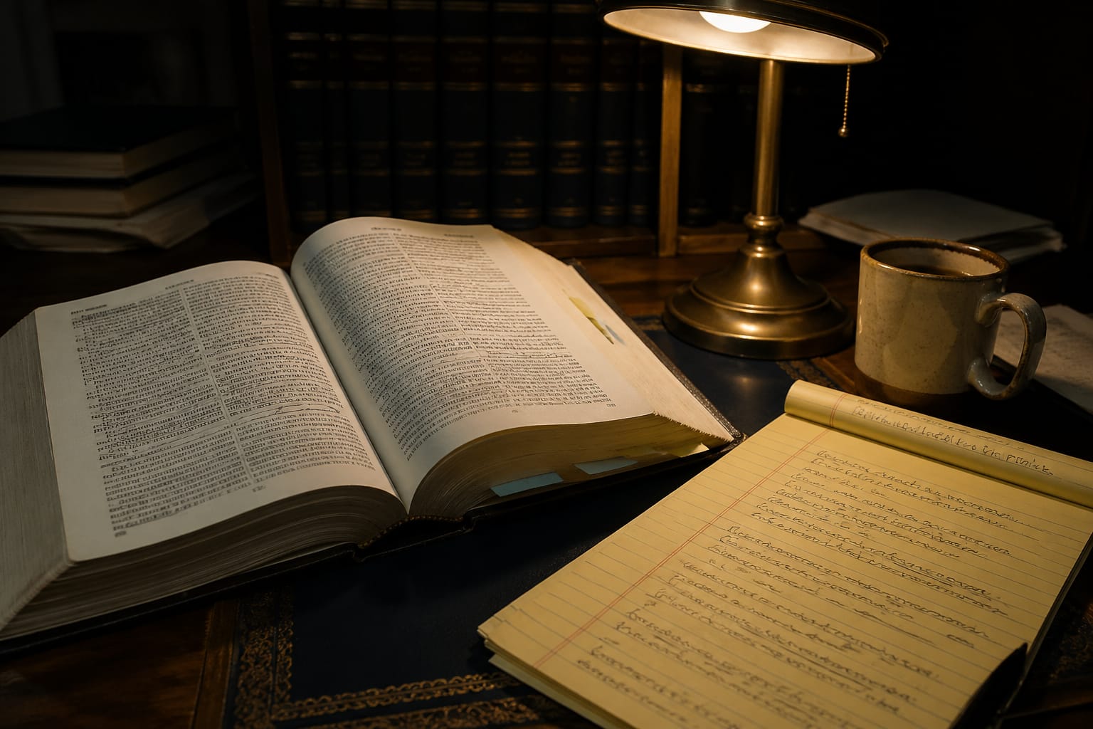 Attorney's late-night desk with bound Supreme Court Reporter, handwritten IRAC notes, lamp and mug