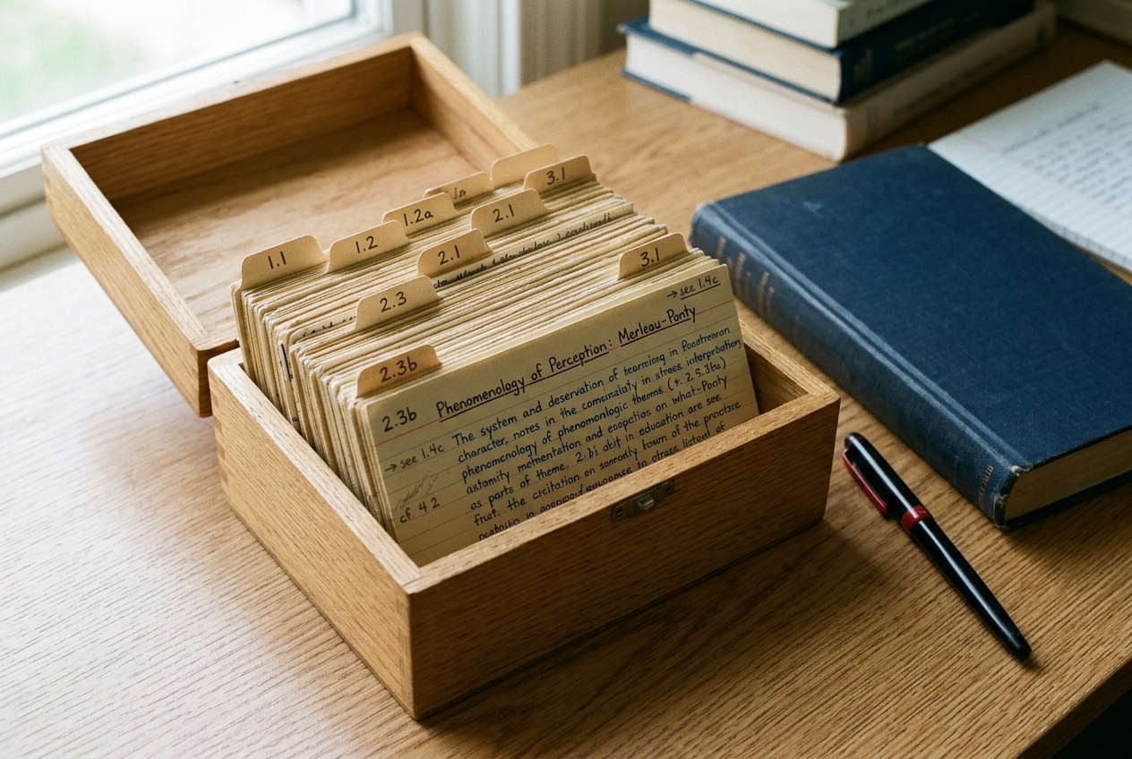 A wooden index card box, open, showing densely handwritten cards with numbered tabs and pencilled cross-references, on a plain wooden desk beside a closed hardcover book