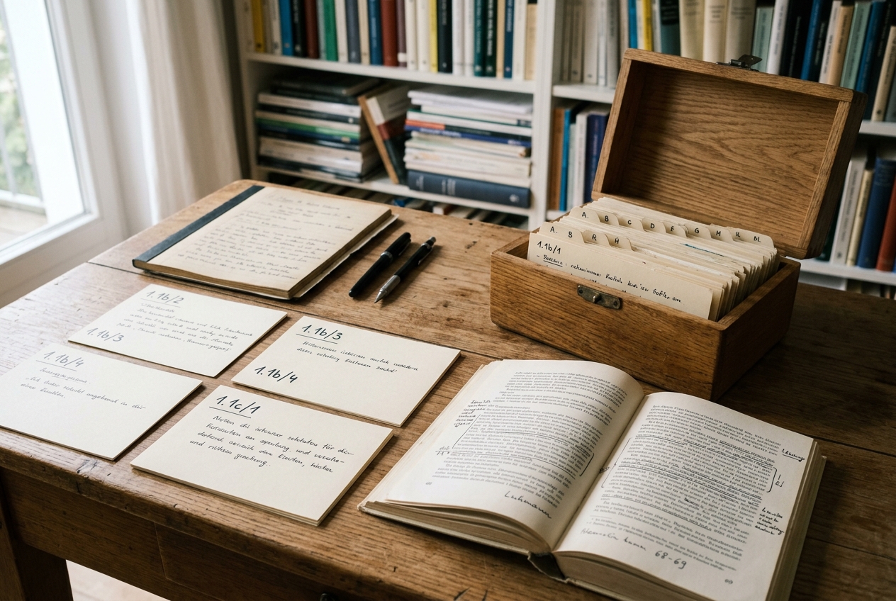 Open Zettelkasten card box beside a Luhmann volume, numbered cards laid out on a scholar's desk